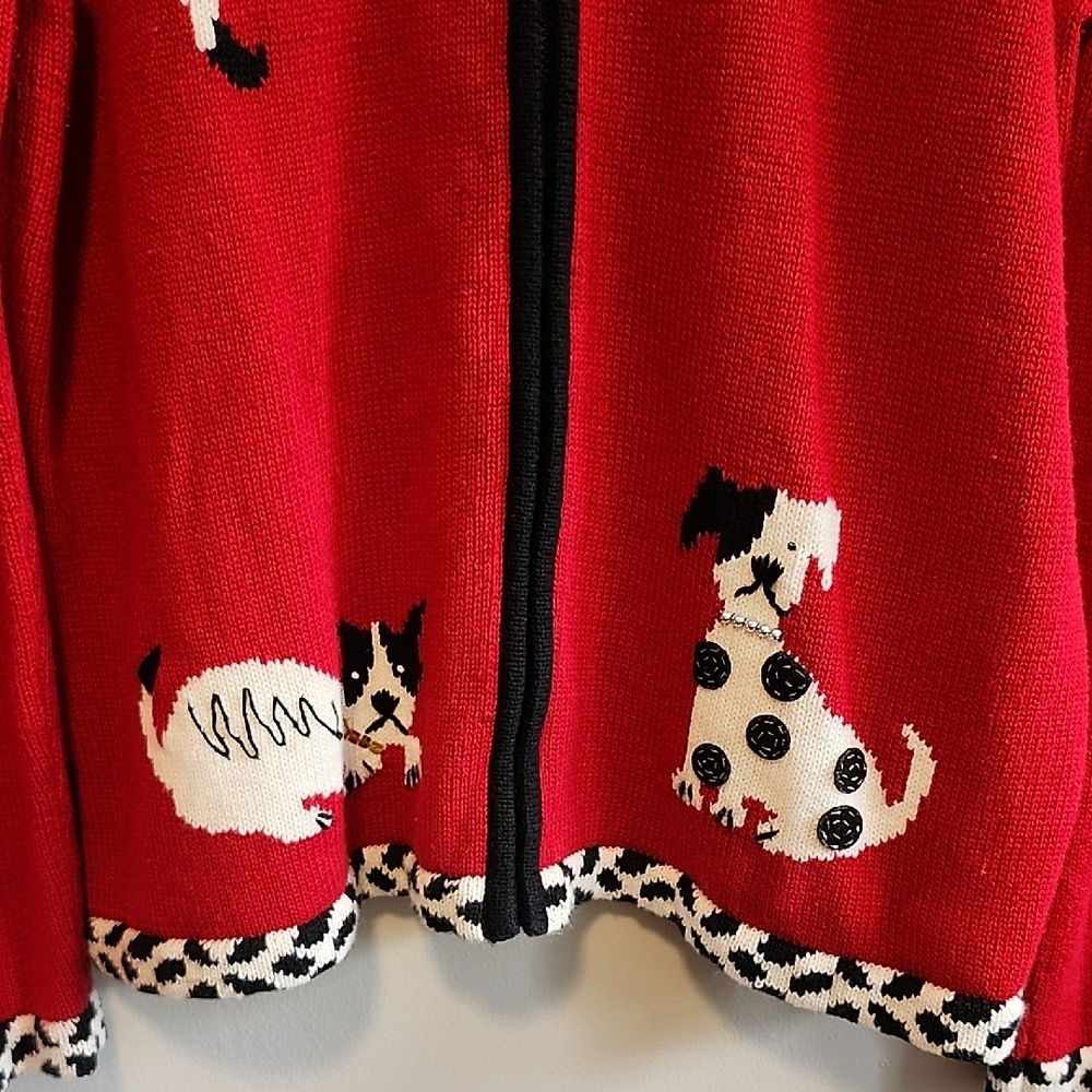 Susan Bristol Red Full Zip Festive Cardigan Dog Motif Animal Print Cottagecore - Picture 5 of 11